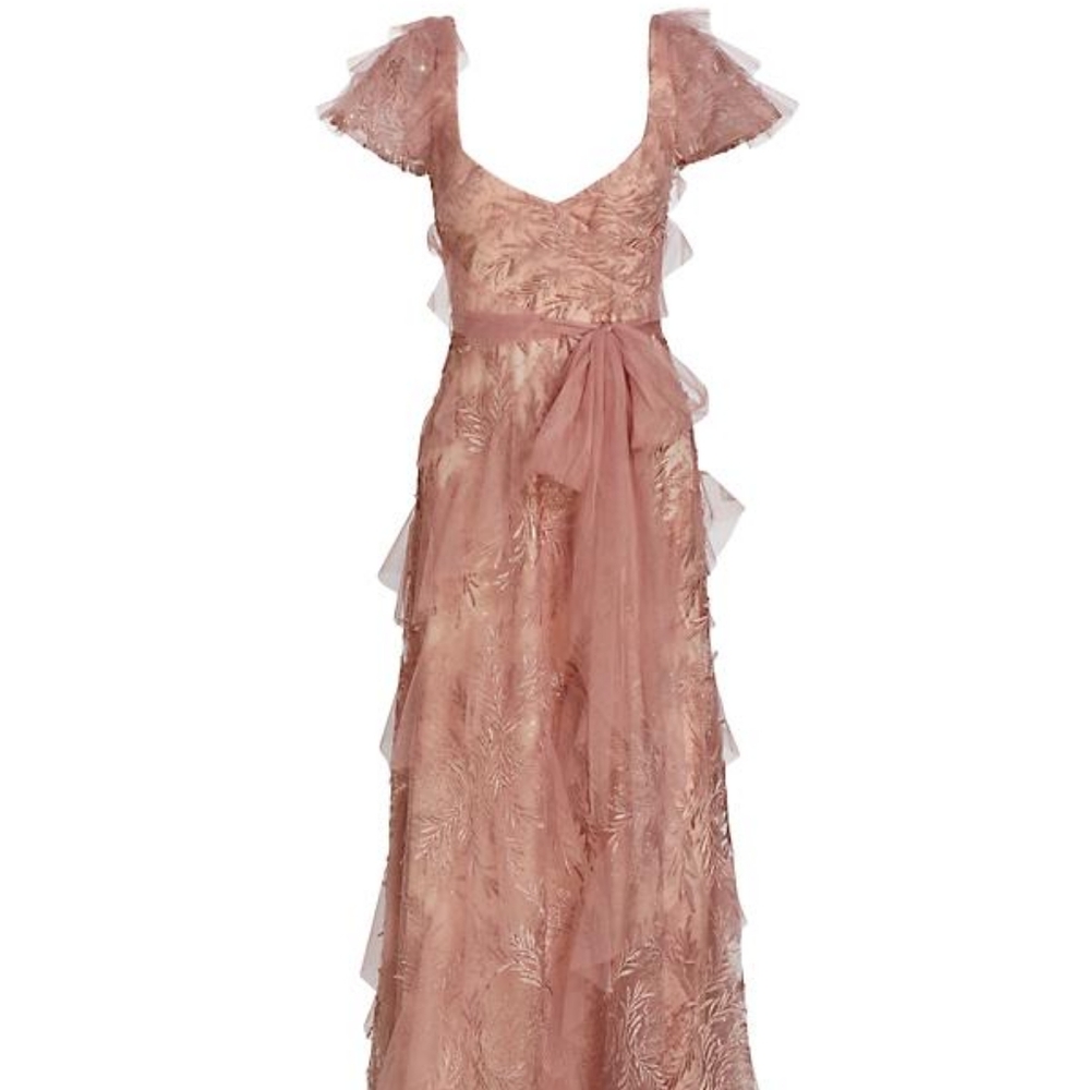 Metallic Tulle Ruffled Gown